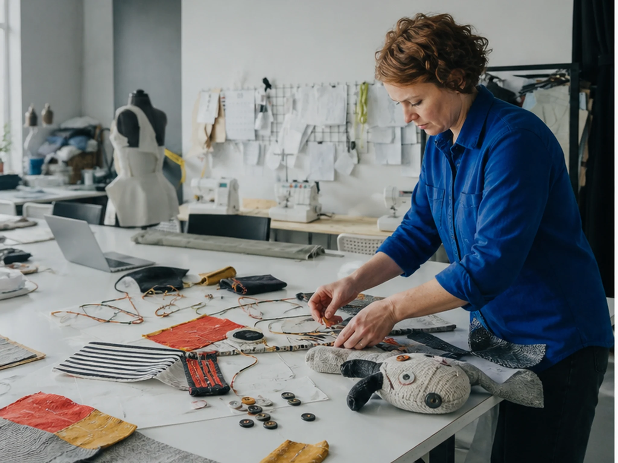 Celia Haines arranging colorful felt and fabric modules at a worktable in her Glasgow studio.