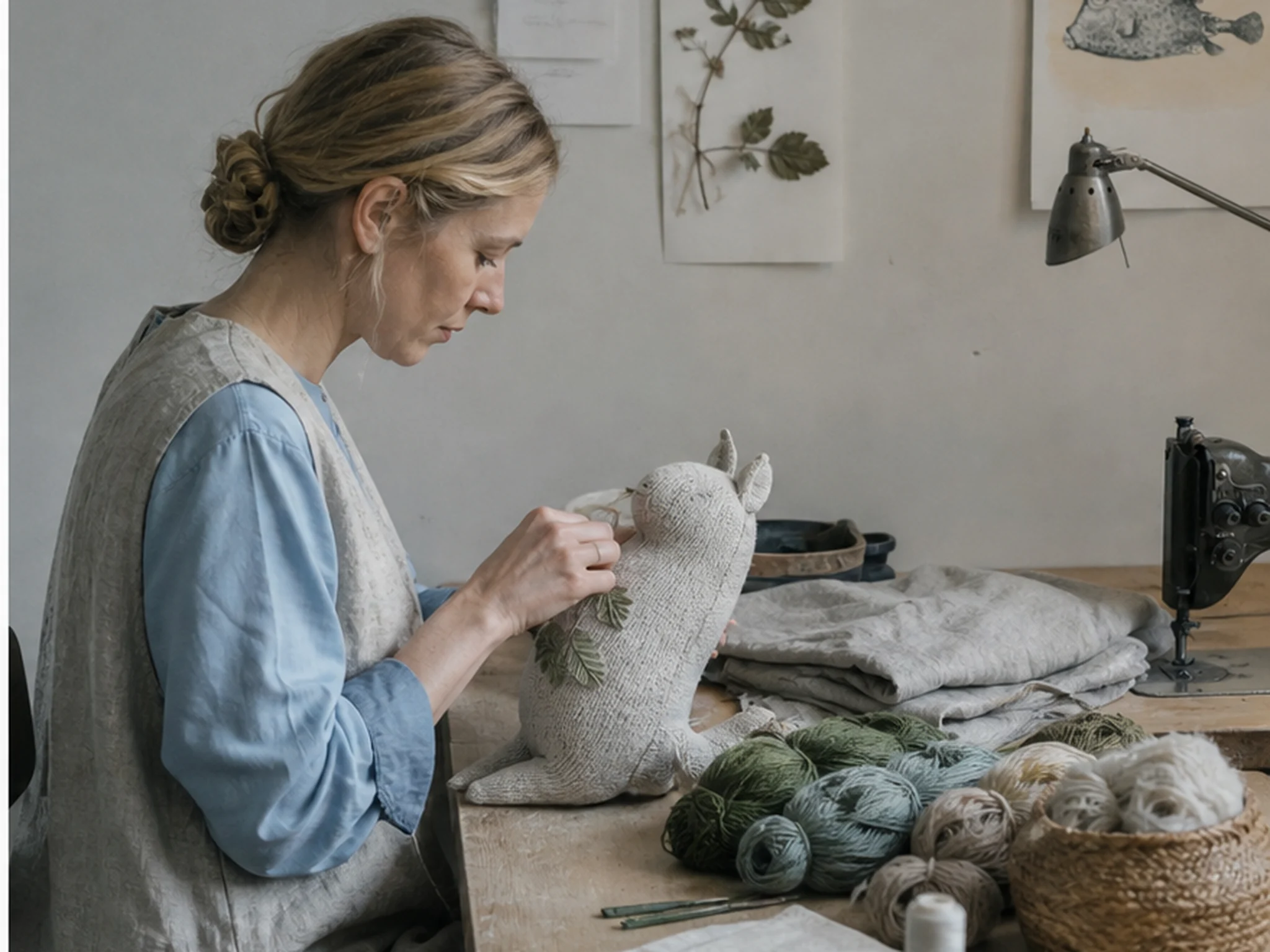 Freya Nordin embroidering a small linen animal beside wool and botanical studies in her Malmö studio.