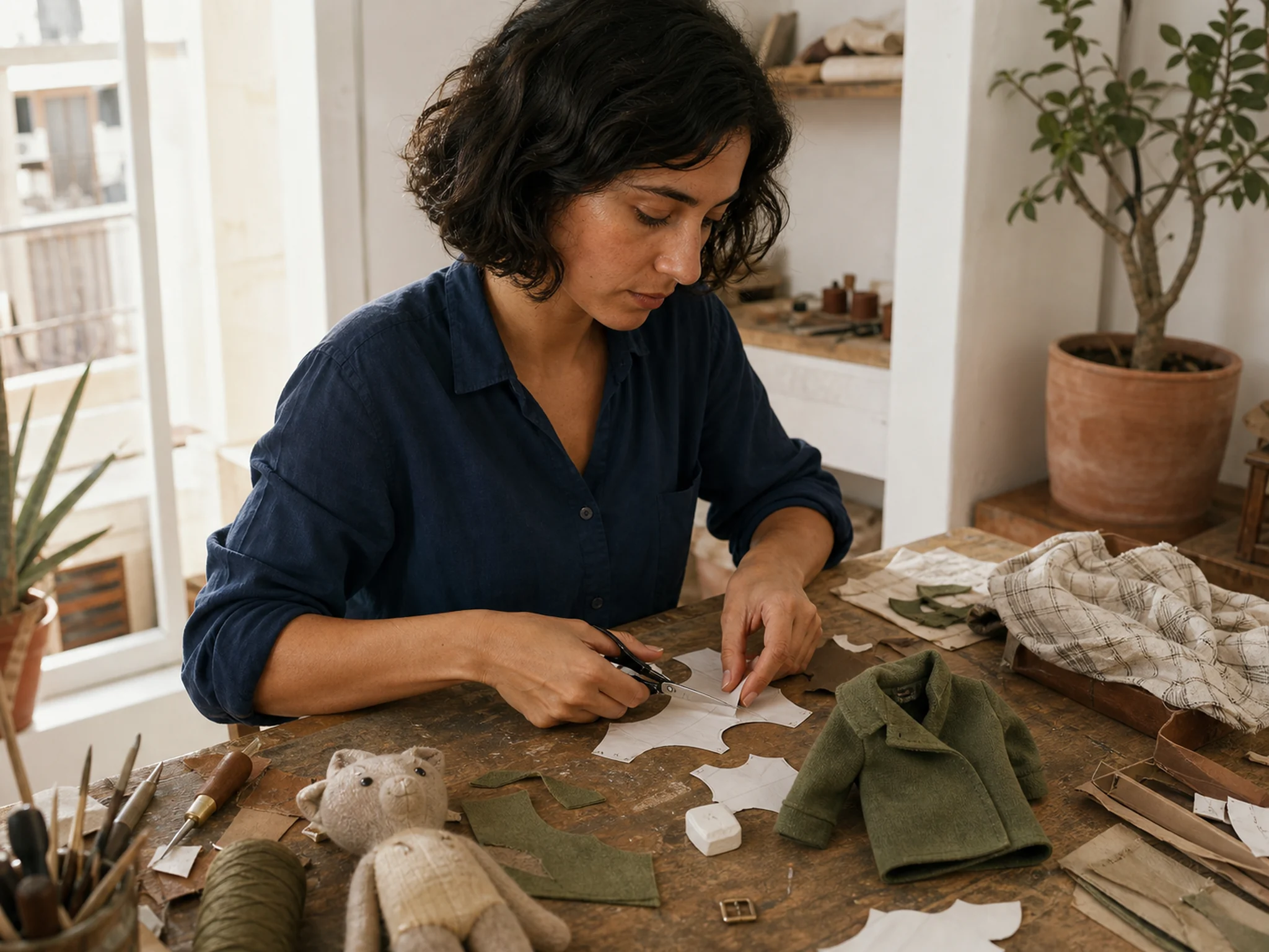 Inés Valera cutting a miniature felt coat from paper patterns at her Valencia worktable.