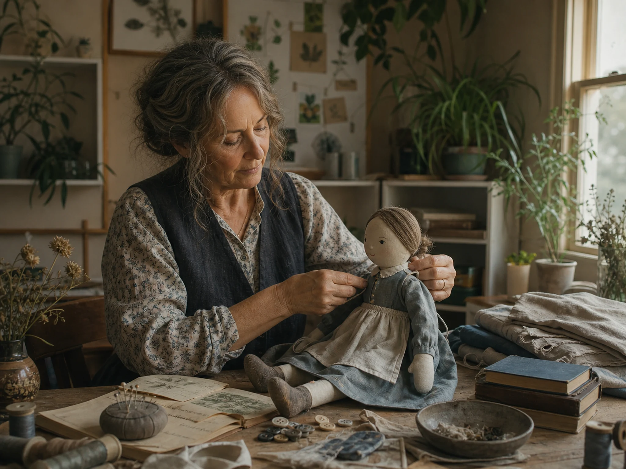 Julianne Sayer adjusting the hand-stitched clothing of a linen figure in her plant-filled Bristol studio.