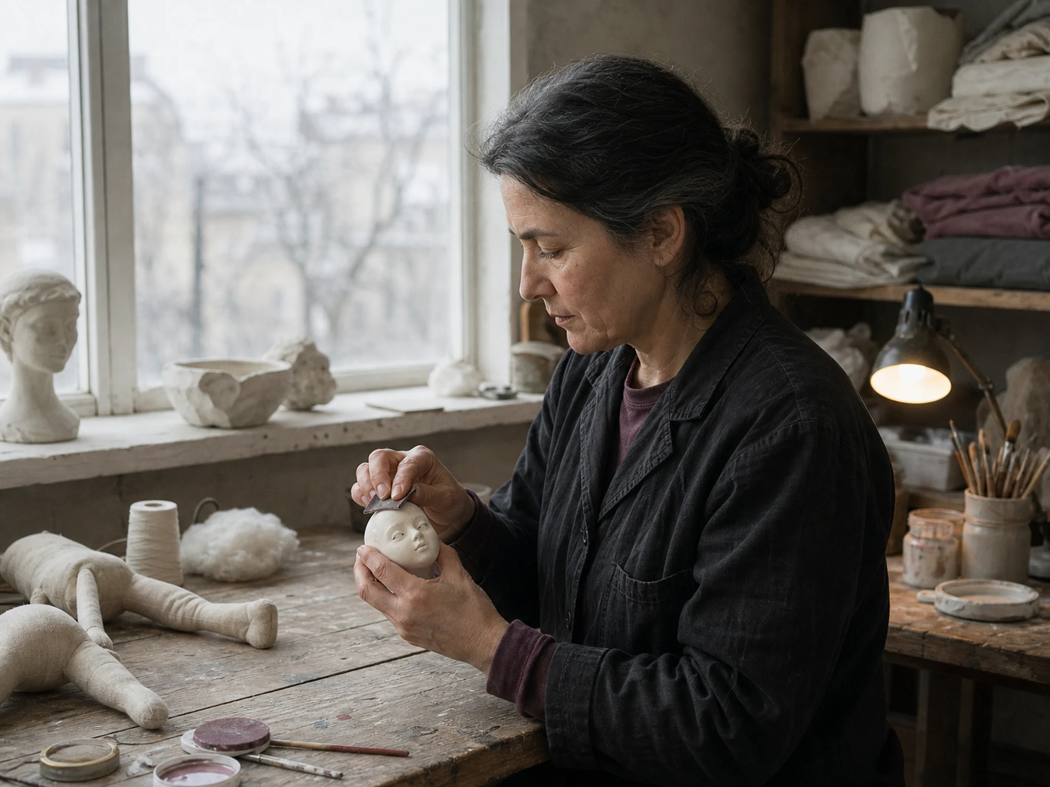 Mira Petkova sanding a paper-clay doll head beside linen bodies in her Sofia workshop.