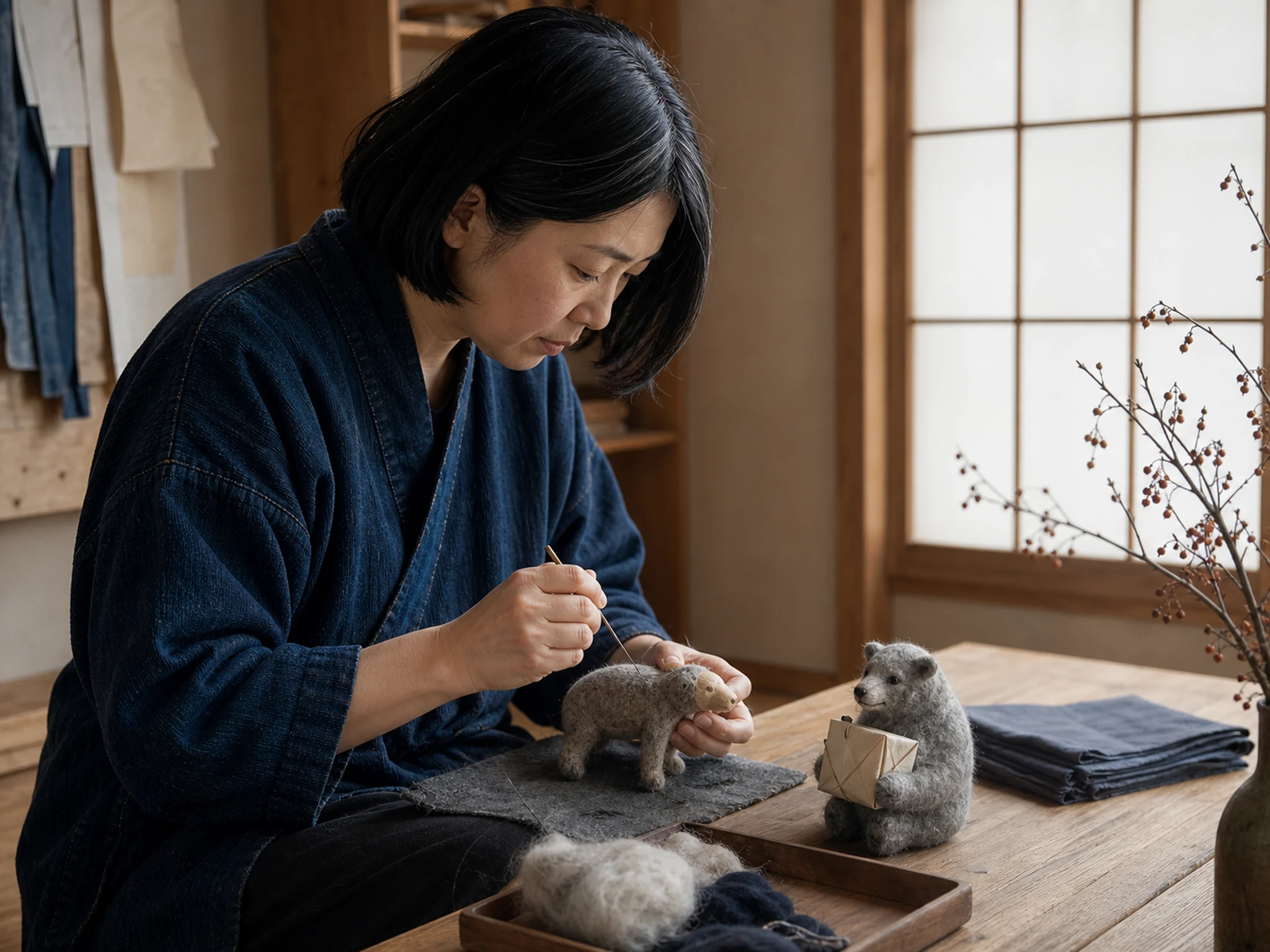 Naomi Kato felting wool over a carved wooden animal core at a low workbench in Kanazawa.