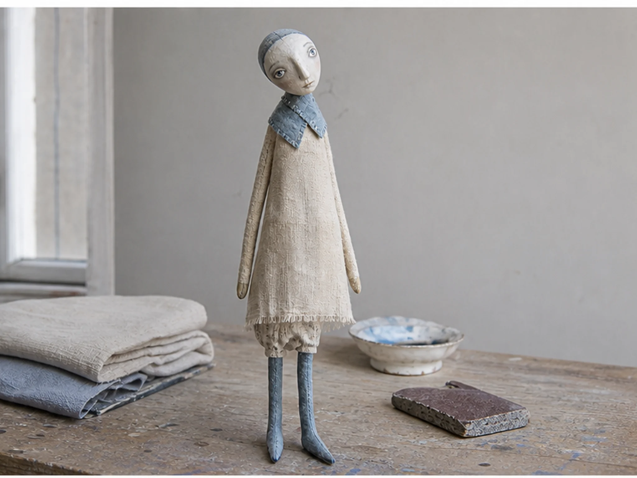 Bluebird, a slender paper-clay and linen figure with a faded blue stitched collar.