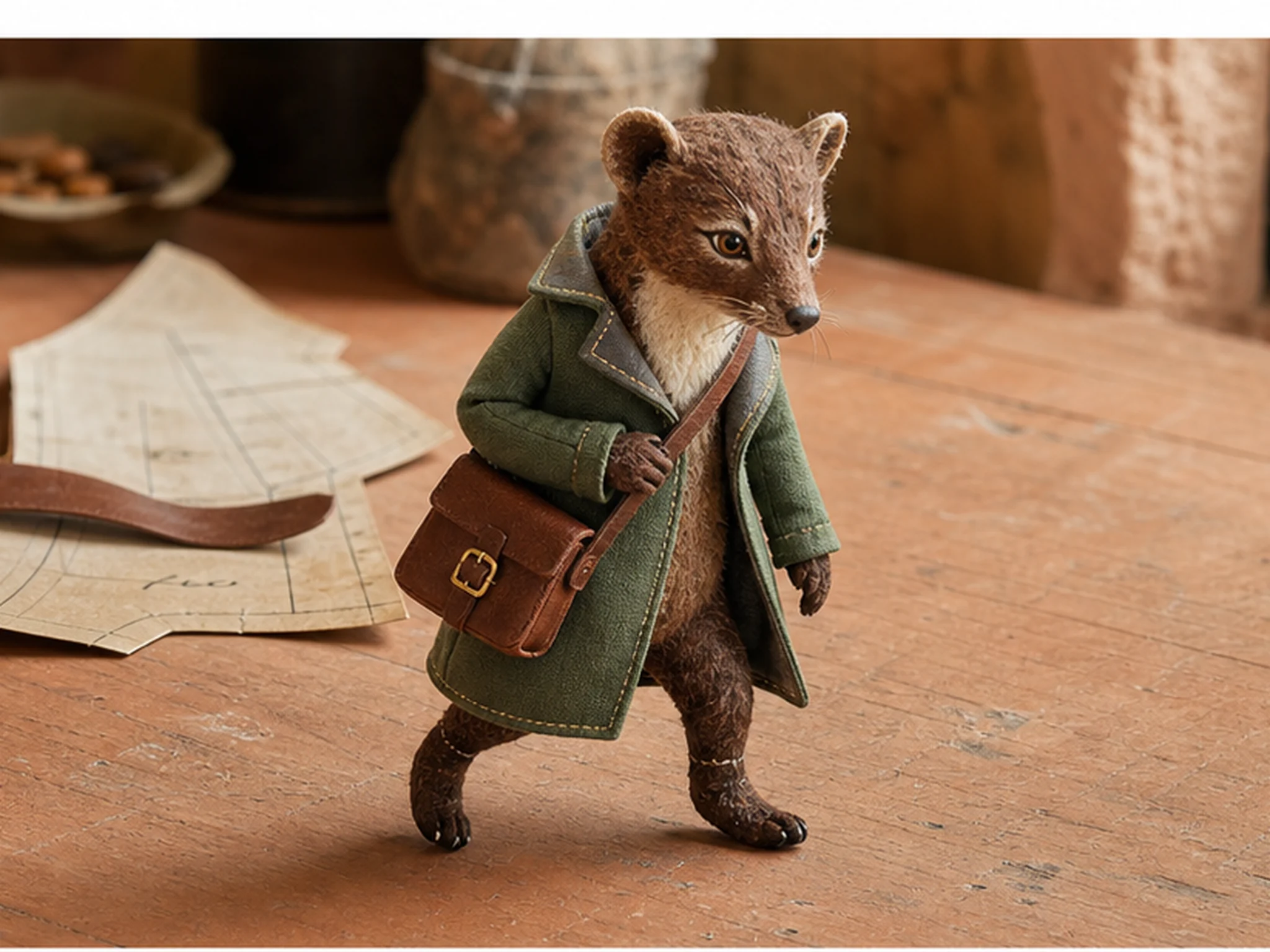 Forest Wanderer, a russet felt pine-marten character in a moss coat with a miniature leather satchel.