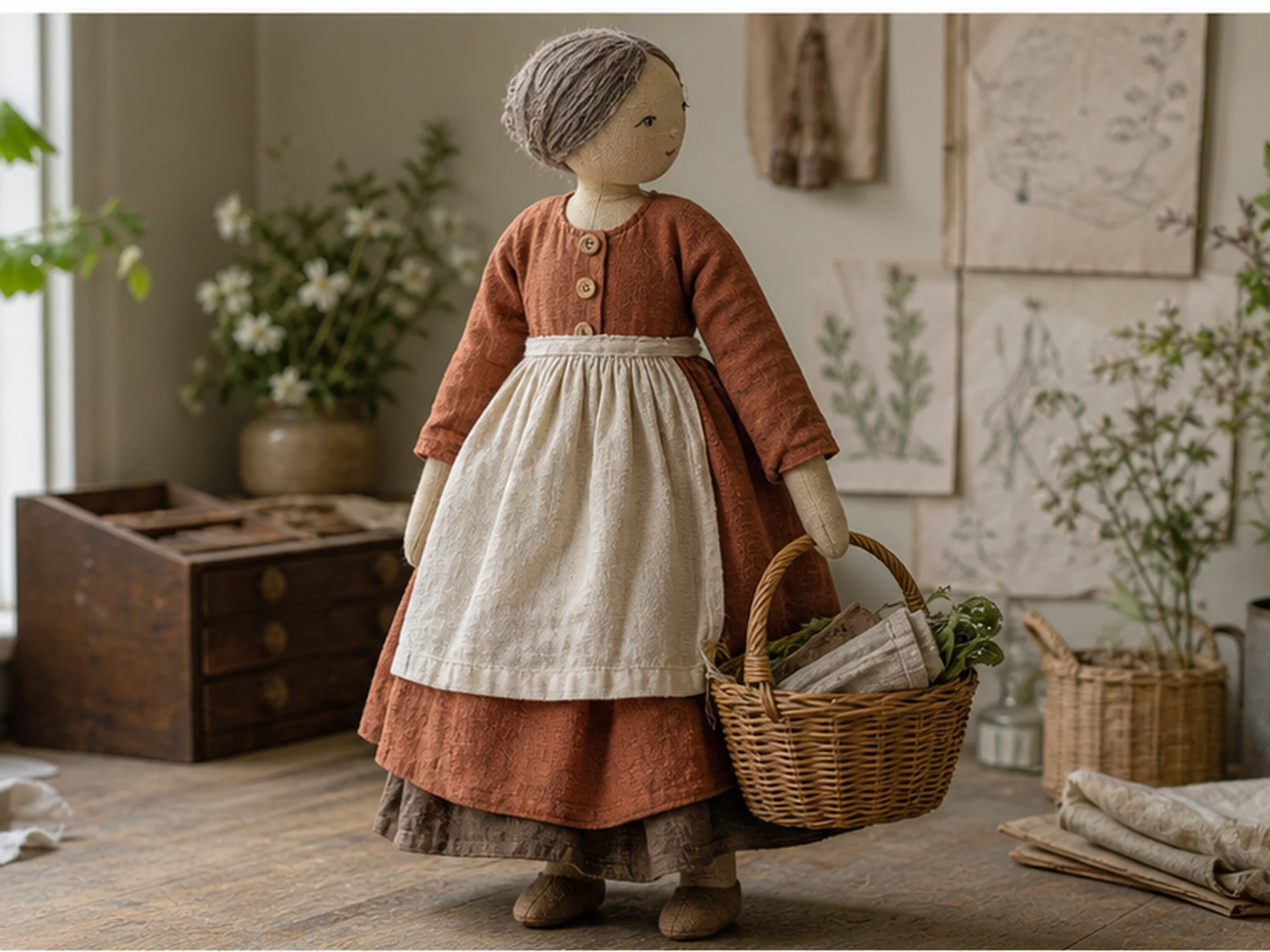 Market Day, a tall linen market figure in a rust dress carrying a miniature wicker basket.