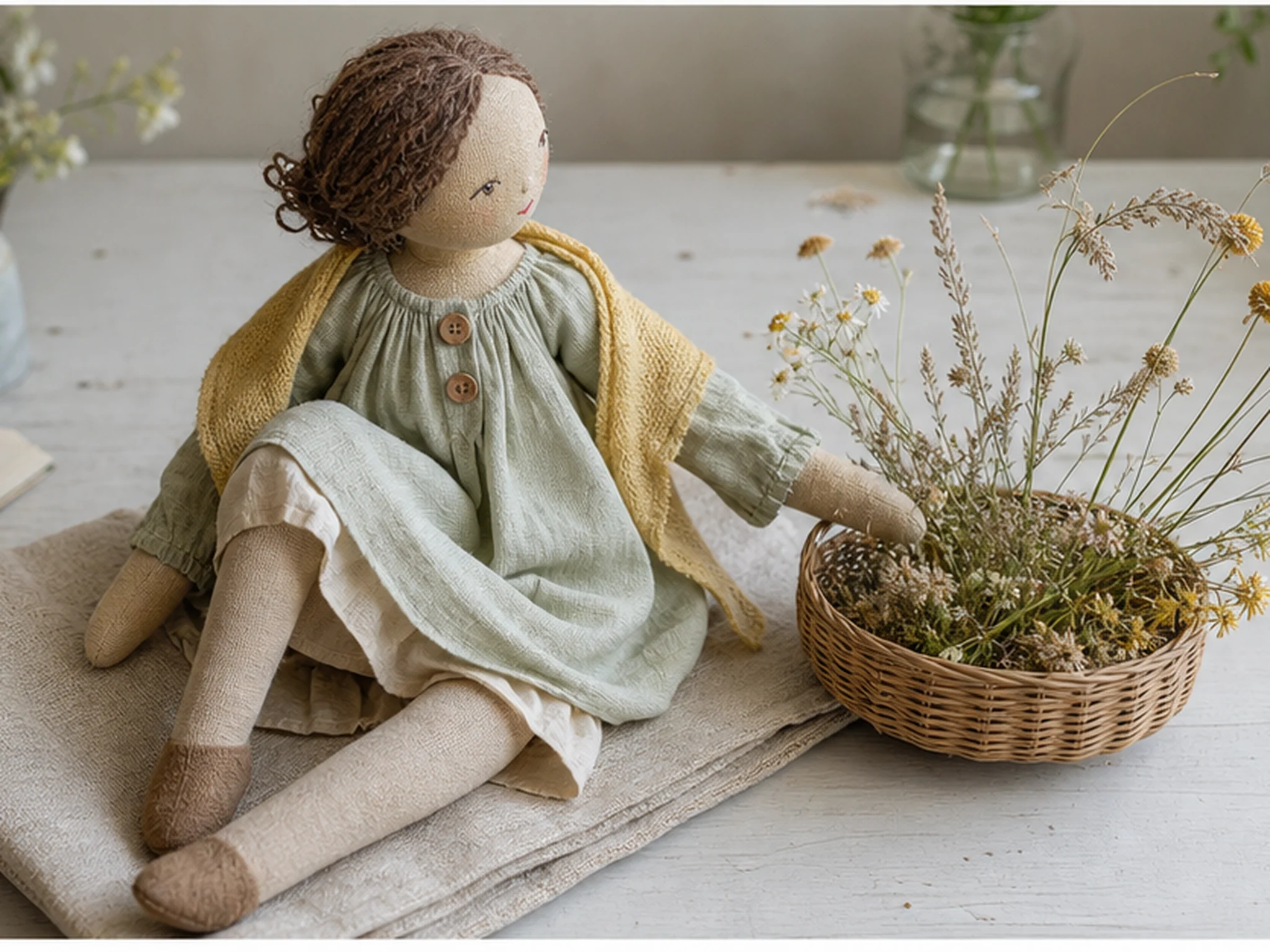 Meadow Girl, a seated linen figure in a pale sage smock with wooden buttons and a small round basket.
