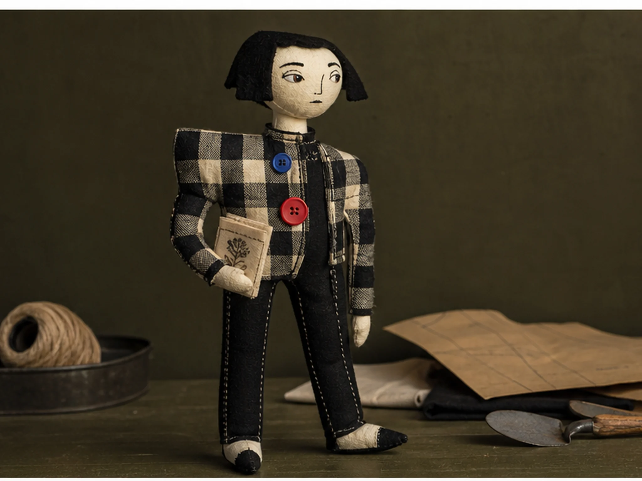 Night Gardener, an angular black-and-cream cloth figure with mismatched buttons and a miniature seed packet.